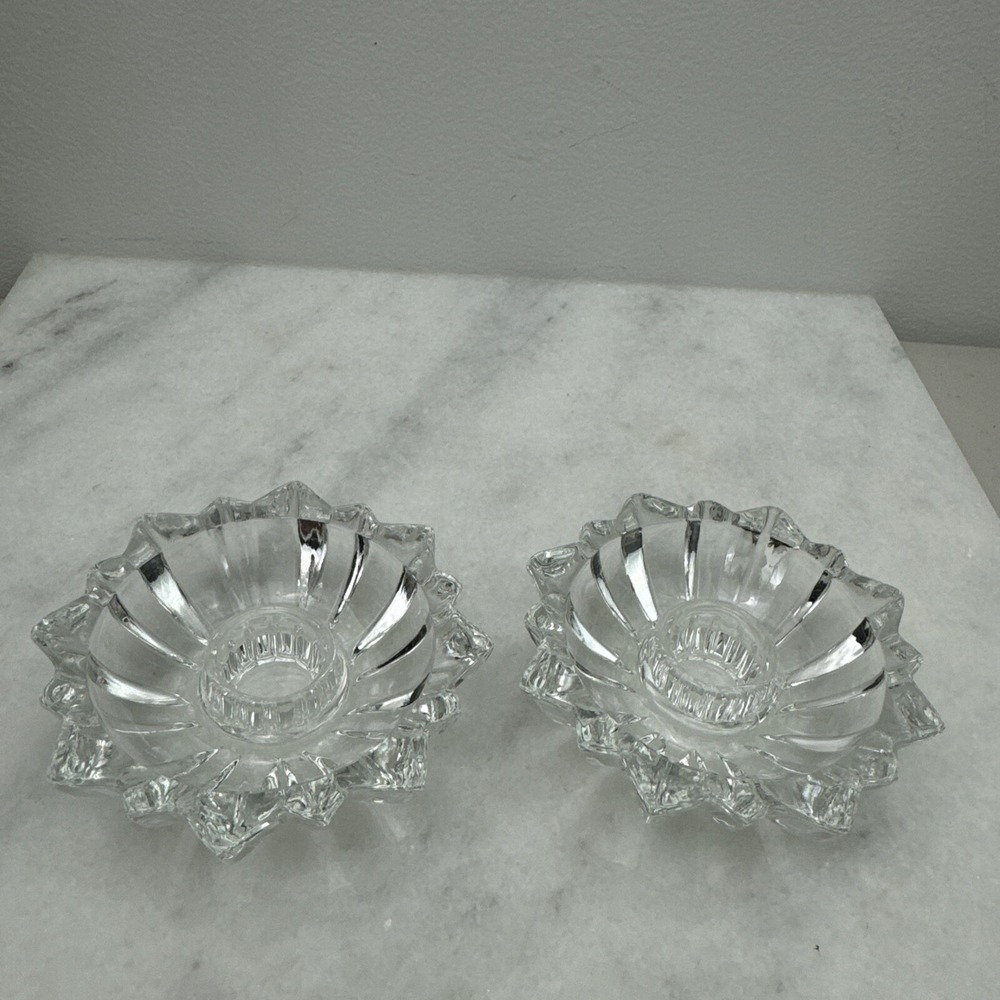 Vintage 60's Round Starburst Cut Glass Candle Stick Holder Set Of 2